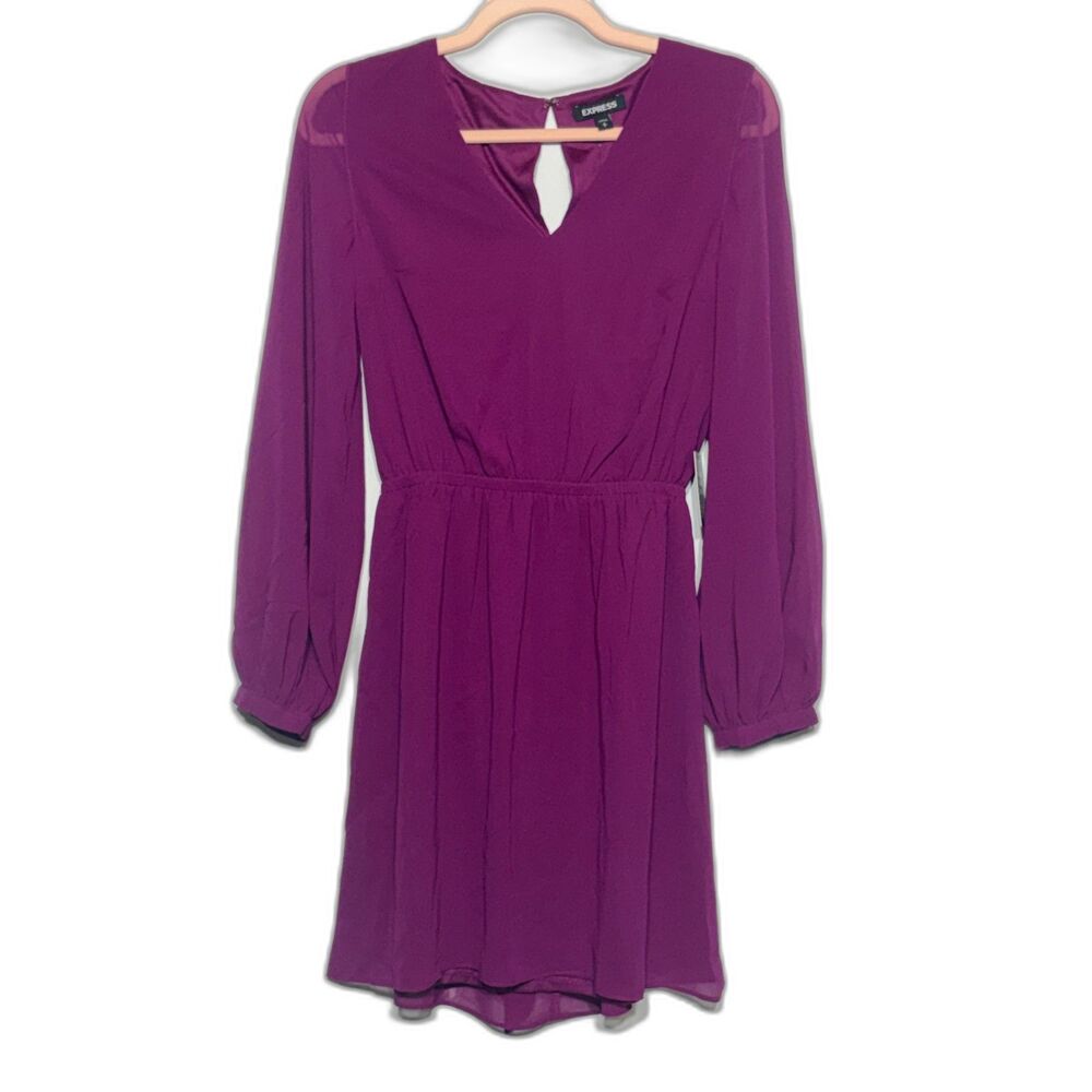 Express NWT Plum Magenta Chiffon Long Sleeve Mini Dress Tie Waist Fit Flare Sz S